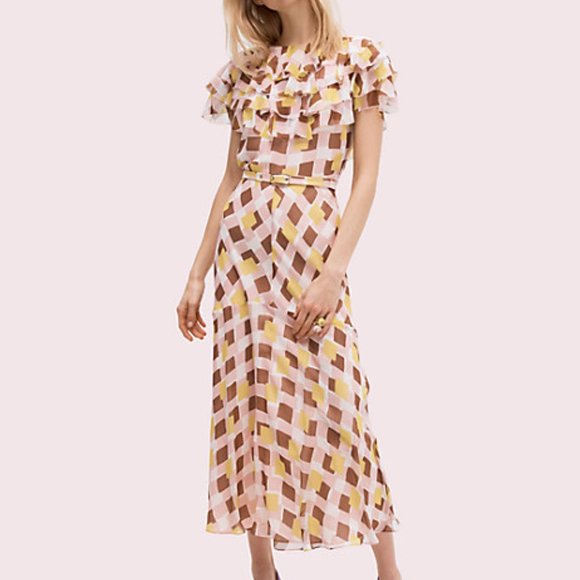 KATE SPADE Geo Print Ruffle Silk Midi Dress - Picture 9 of 11
